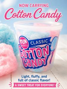Classic pink and blue cotton candy tub from We R Nuts NY, Inc., featuring light fluffy carnival-style cotton candy in a resealable container.