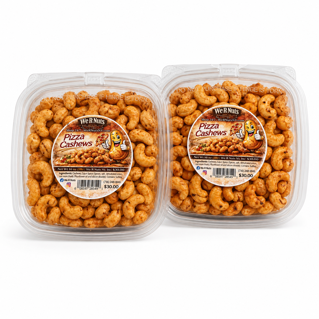 Two 1-pound containers of Pizza Cashews from We R Nuts NY, Inc.